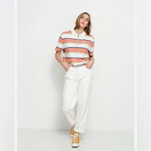 "OFF THE Wall” Vans Skate Stripe Pink, White & Green Crop Polo Shirt 💯% cotton